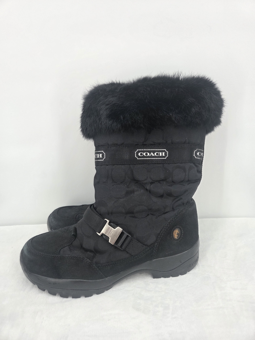 Coach Sahara Signature Fur Trim Winter Snow Boots Black Women’s 10M Vibram